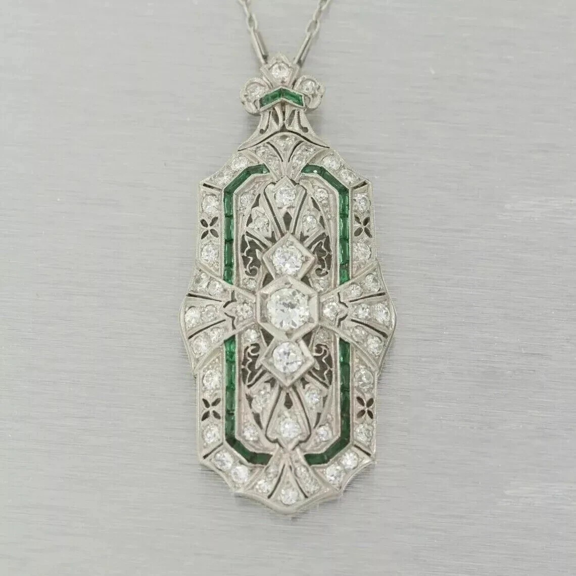 3.9Ct Art Deco Style Lab Created Diamond & Emerald Engagement 925 Silver Pendant