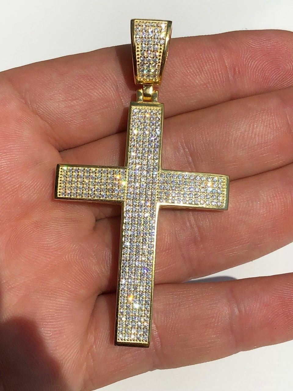 Mens Solid 925 Silver Cross Pendant Real ICED 3ct CZ 14k Gold Plated Rope Chain