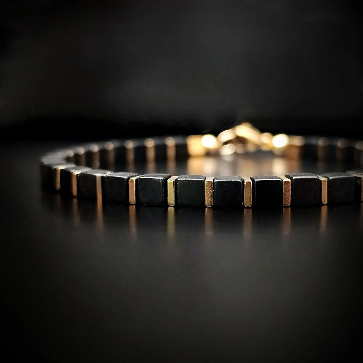 Genuine Black Onyx Bracelet Square Gemstone Beads Mens Womens Jewelry 7.8in