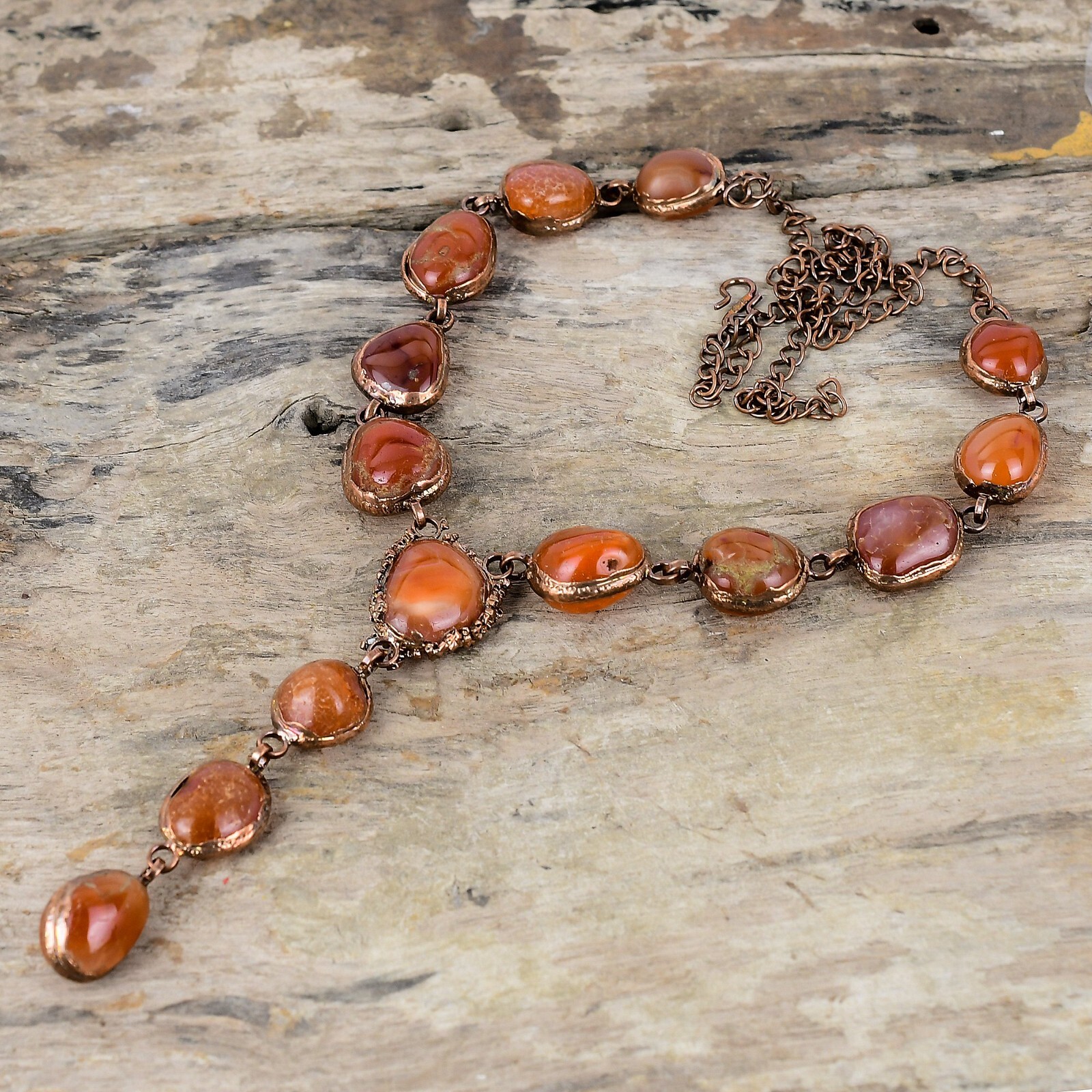 Carnelian Electroformed Chain Adjustable Necklace Handcrafted Copper Gift 18.0″