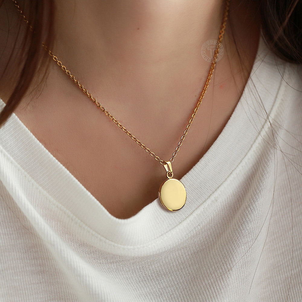 Gold Plated Stainless Steel Round Blank Tag Charm Necklace Box/Curb/Figaro/Rolo