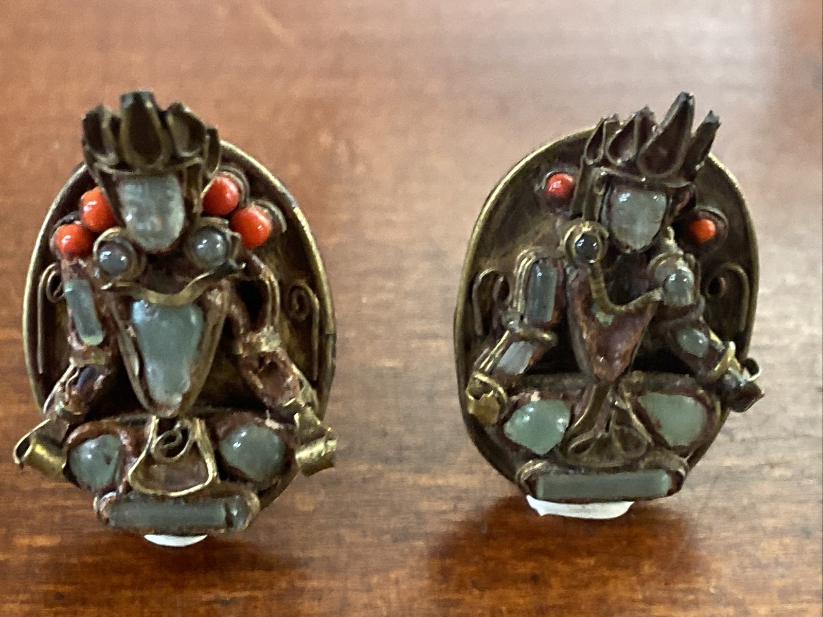 Nepal Carved Face Sitting Deity Cuff links Unisex Glass Figural Brass Artisan