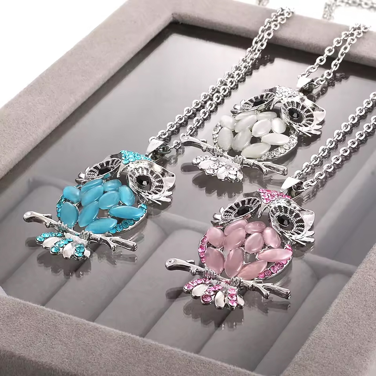 Owl Pendant w/Necklace Opal Lab Created/Plated Fashion Jewelry 28″ SELECT COLOR