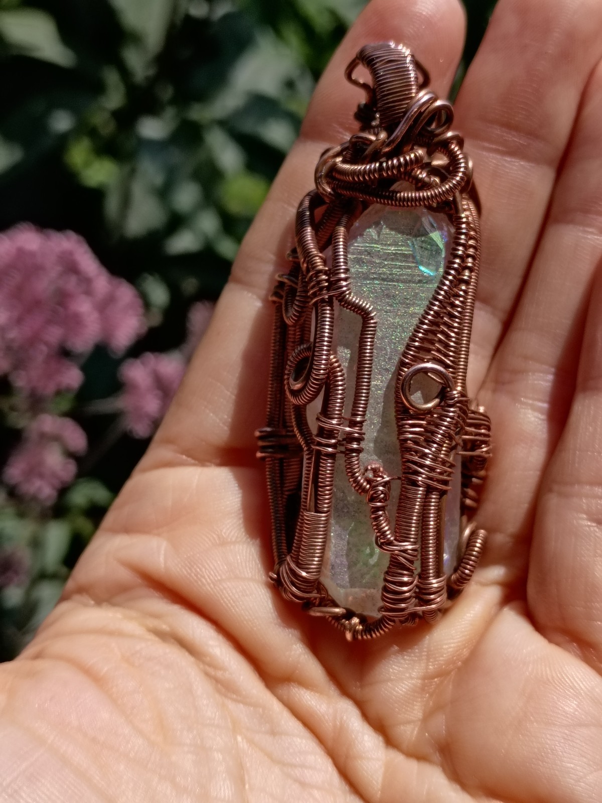 Angel Aura Quartz Crystal Wire Wrap double terminated Copper Pendant Necklace