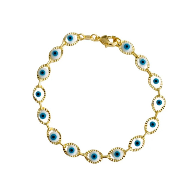 18K GOLD PLATED EVIL EYE BRACELET GOOD LUCK 7.25” Long- B152