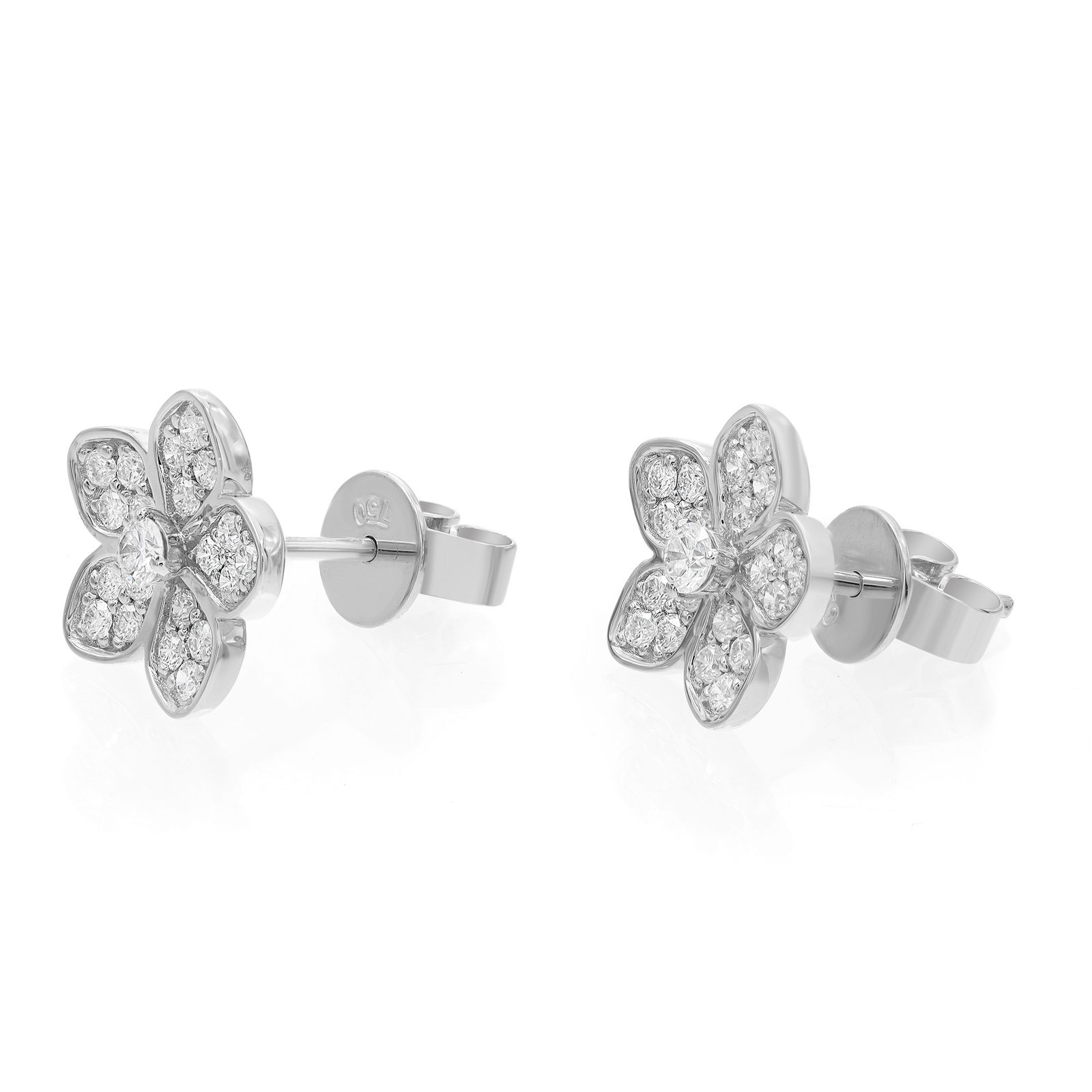 Pave Set Round Cut Diamond Flower Stud Earrings 18K White Gold 0.52Cttw
