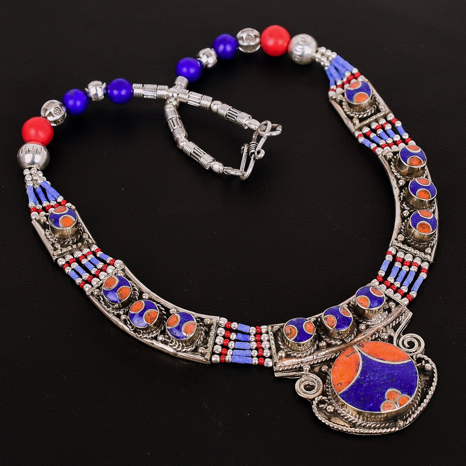 Lapis Lazuli Coral Handmade 925 Sterling Silver Tibetan Nepali Necklace 18″ p546