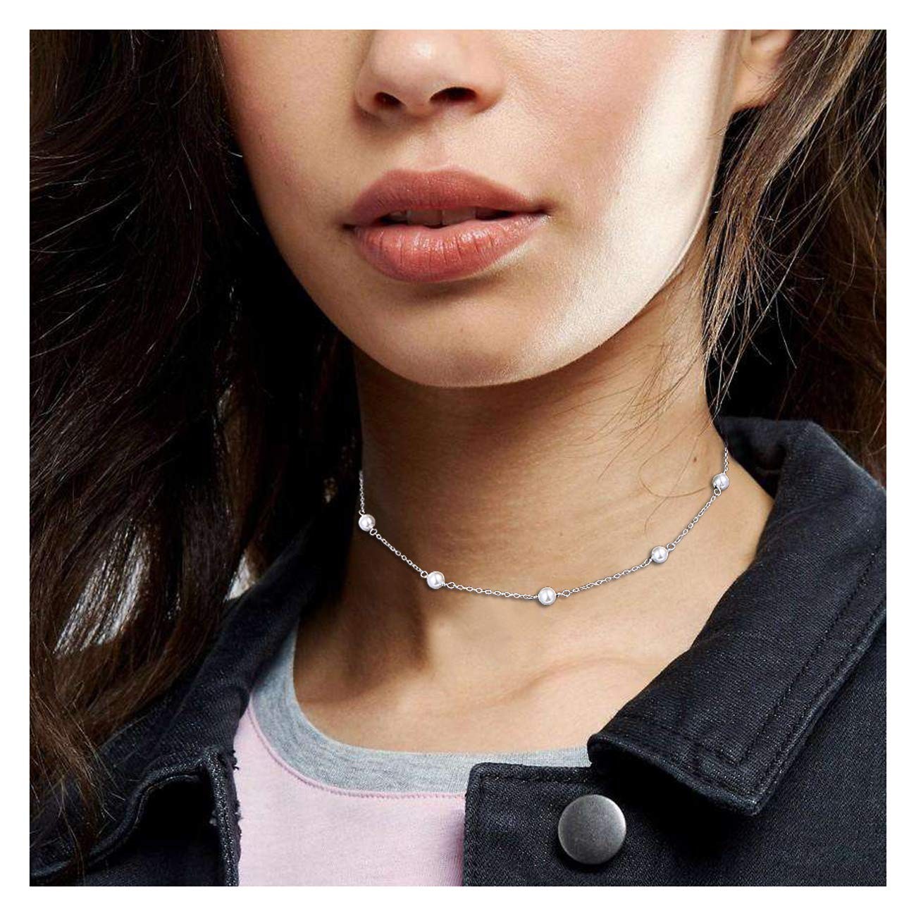 S925 Sterling Silver Pearl Choker Short Dainty Necklace Pendant for Women Jew…