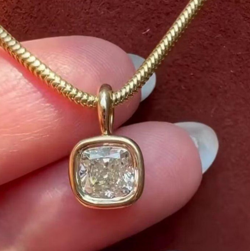 3 CT Cushion Cut Bezel Moissanite Wedding Pendant 14K yellow Gold Plated For Her