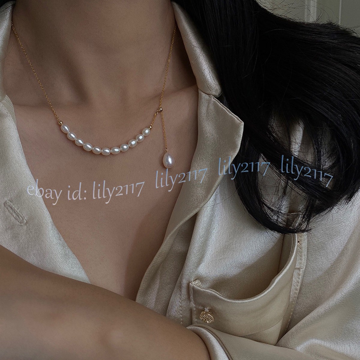 5-6mm Natural White Freshwater Rice Pearl Pendant Chain Drop Necklace 18 inch