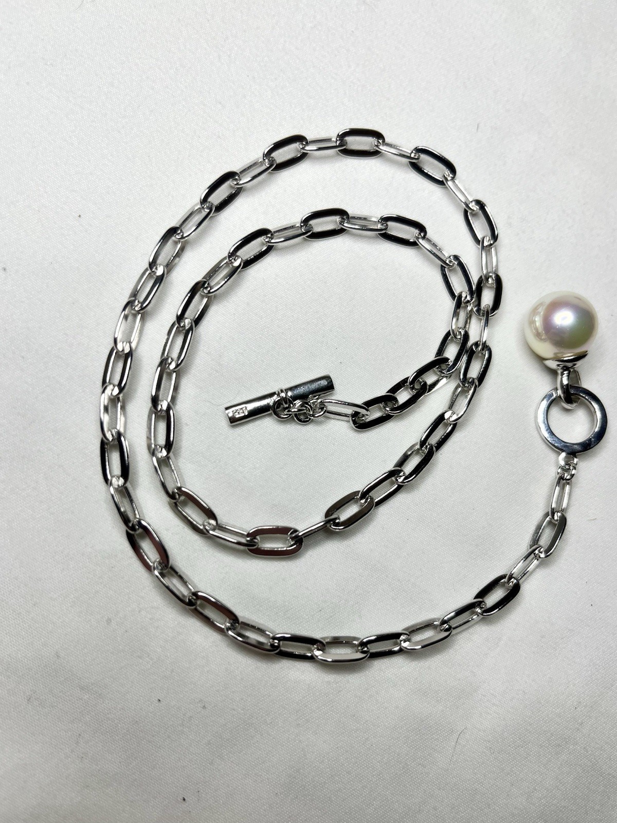 925 Sterling Silver Paperclip Chain Toggle Clasp Pearl Pendant Necklace Charm