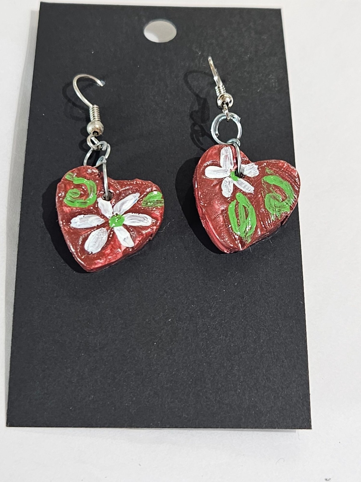 Painted Floral Wooden Heart Dangle Earrings Silvertone Hooks 0.75 inch