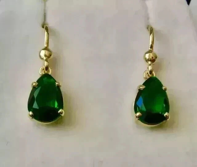 Simulated Green Emerald 3.5Ct Pear Drop/Dangle Earrings 14K Yellow Gold Plated