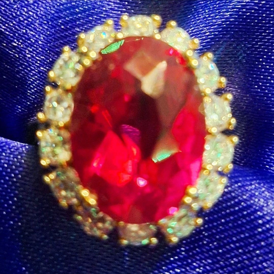 14K Solid Yellow Gold Over Silver Ruby Red Clear CZ Ring. Size 6.75