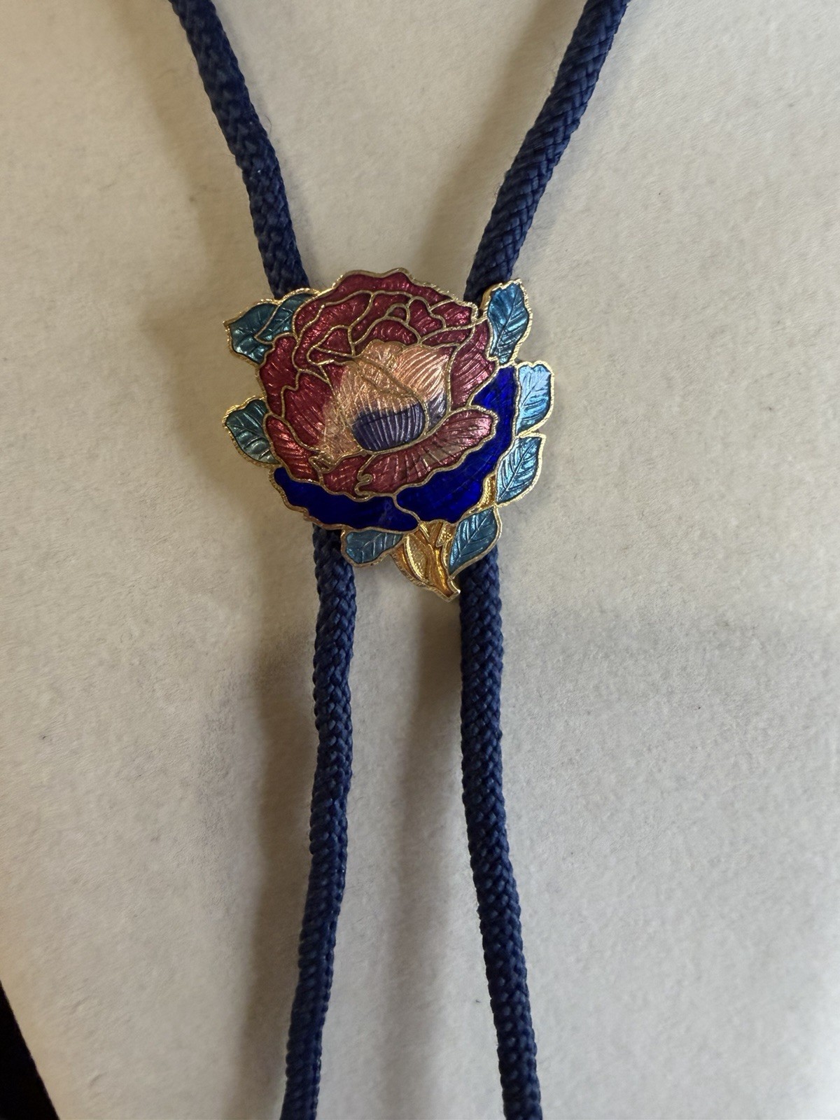 Vintage Cloisonné Rose Floral Bolo Tie Navy Braided Cord Gold Tone