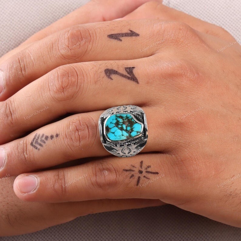 Tibetan Turquoise Raw Ring 925 Sterling Silver Ring Men’s Signet Handmade Ring