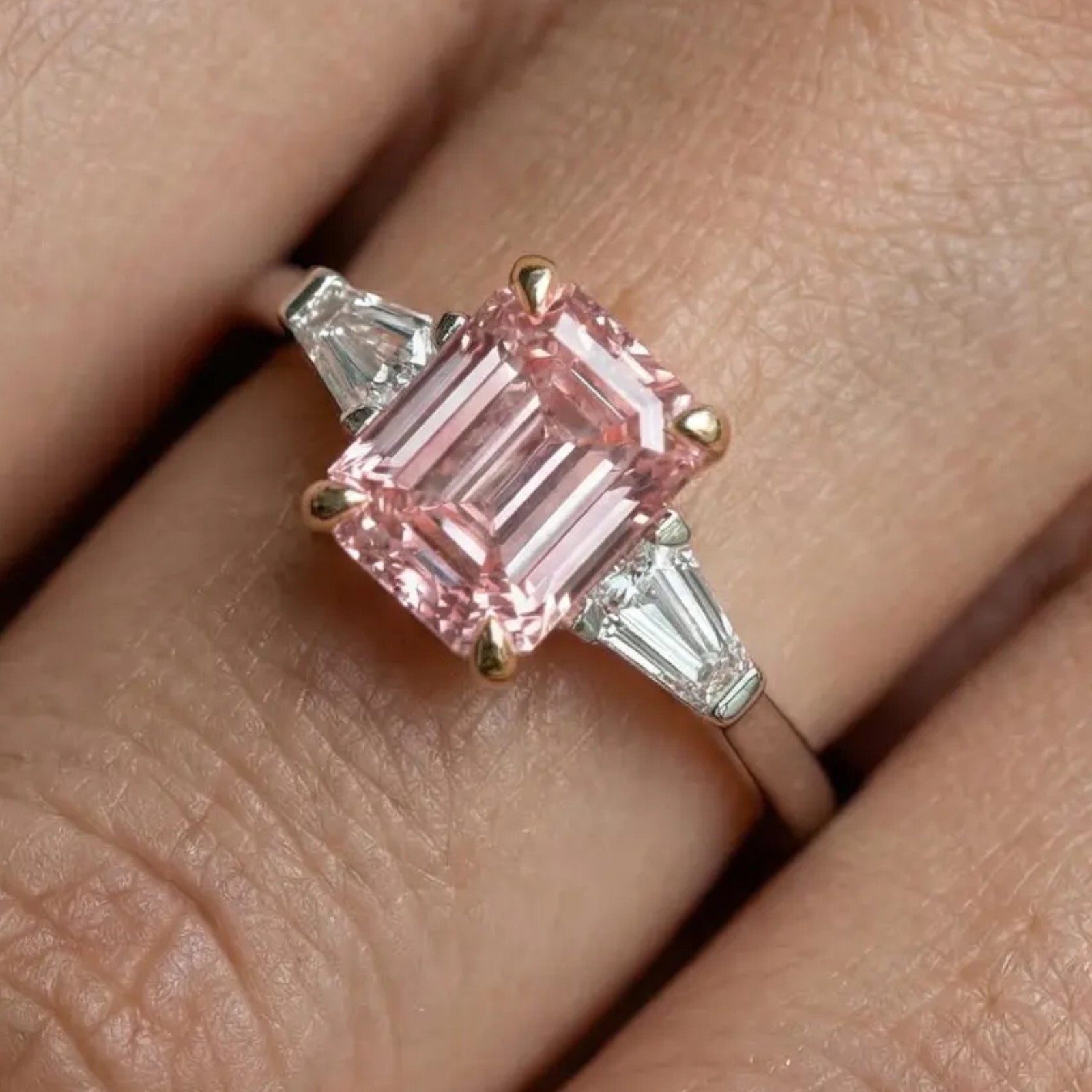 IGI Lab Created Diamond Ring 2.30 CT Emerald Cut Fancy Vivid Pink 14K Multi Gold