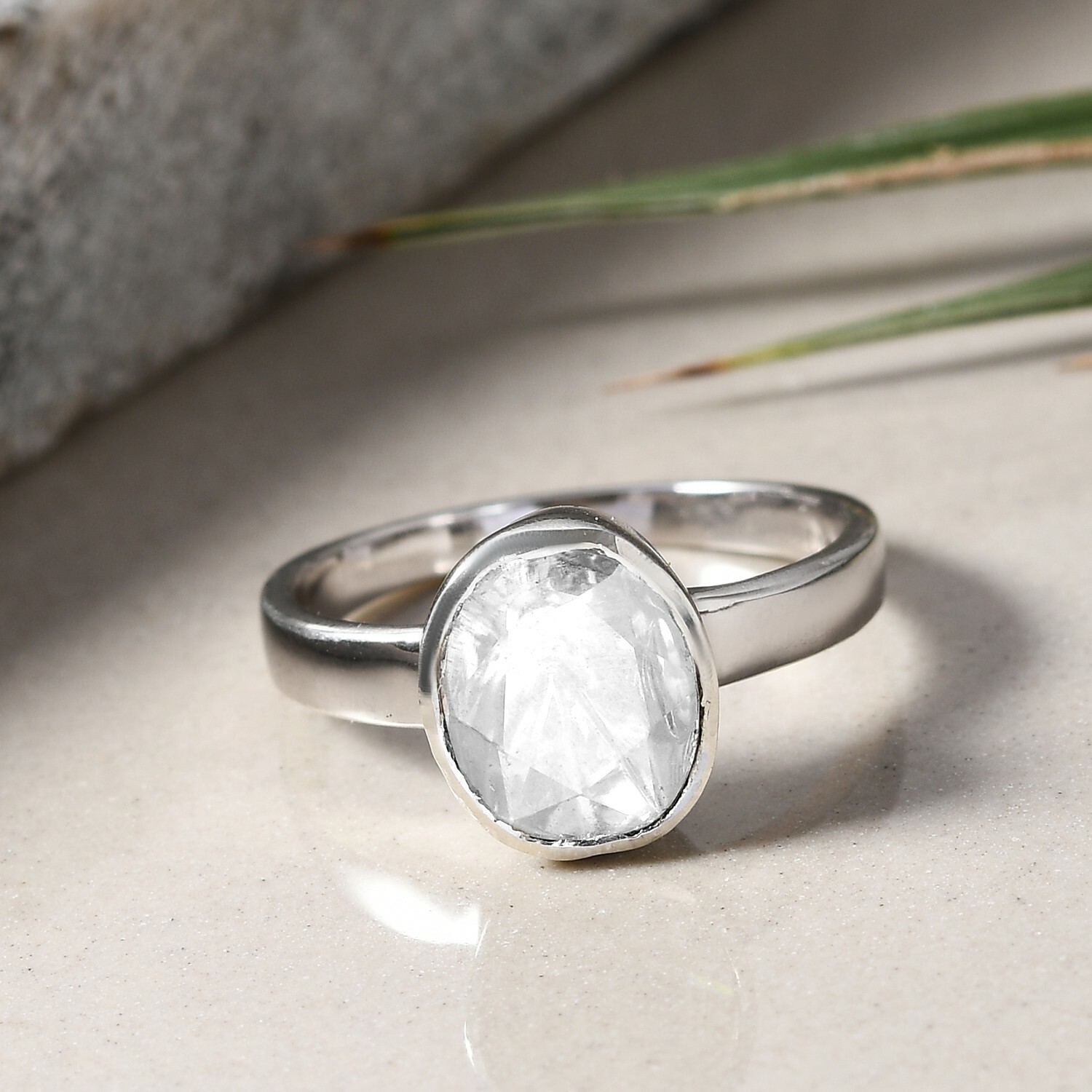Polki Moissanite Solitaire Ring Platinum Plated Sterling Silvr .50ctw Size 5