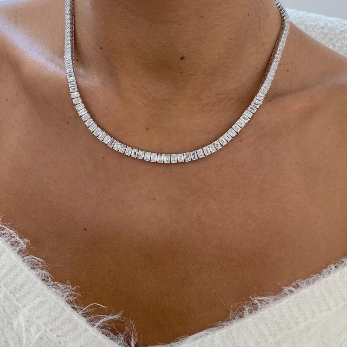 Emerald Cut 33.00 Ct 100% created Diamond Tennis Necklace Hallmarked 925