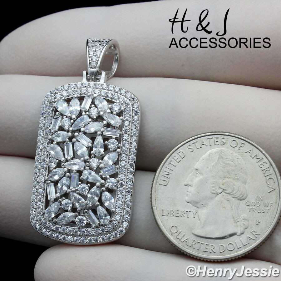 MEN SOLID 925 STERLING SILVER ICY BAGUETTE BLING CZ 3D DOG TAG PENDANT*ASP251