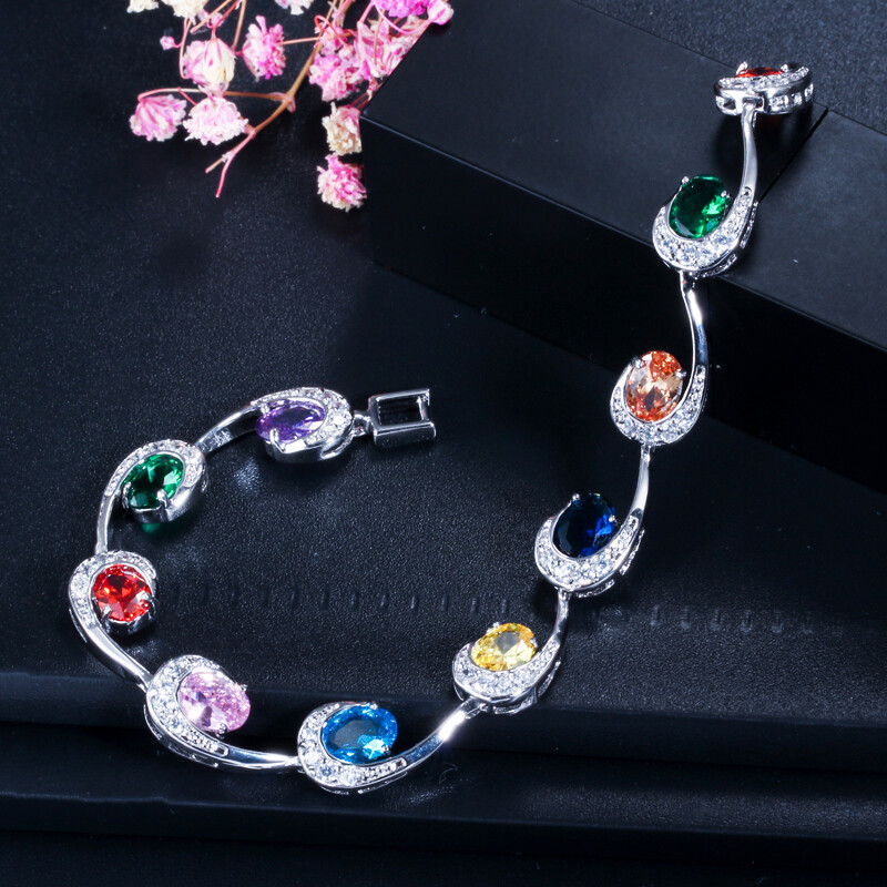 Silver Plated Multicolor Cubic Zircon Oval Charms Bracelet Fine Jewelry for Lady