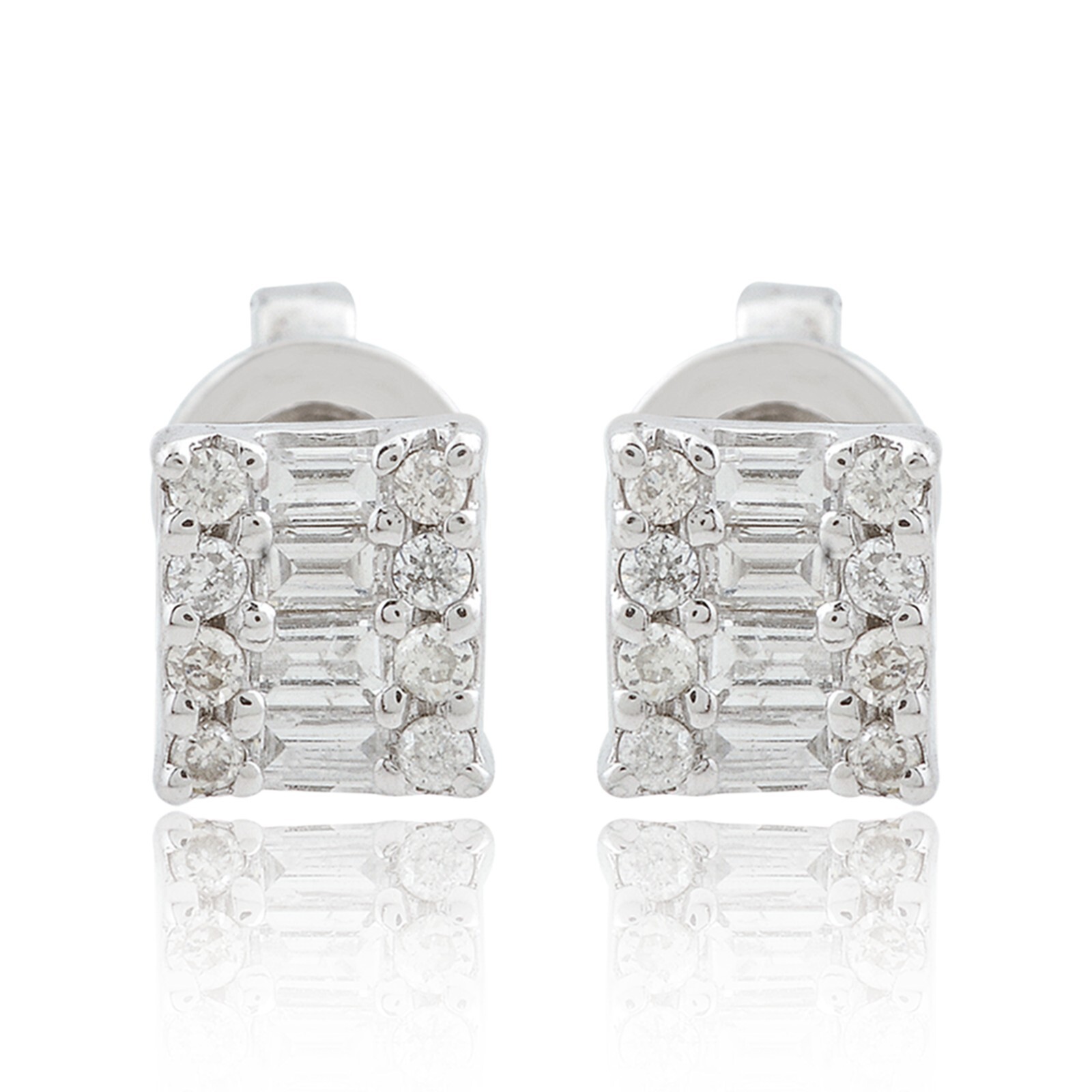 Diamond Earrings Studs 10k White Gold 0.16ct Round & Baguette Cut Studs Earrings