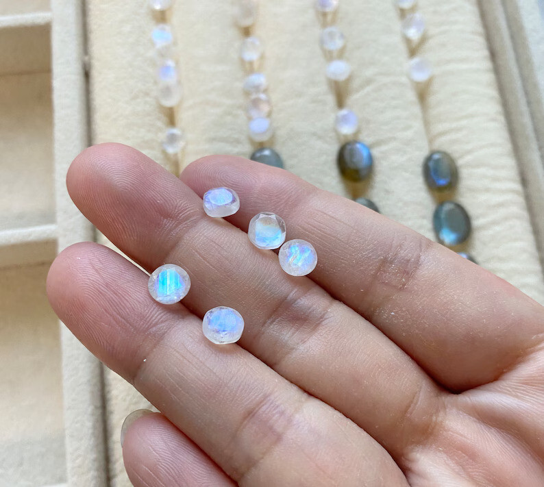Natural Moonstone Round Cut Stone 925 Sterling Silver Women Tiny Stud Earrings