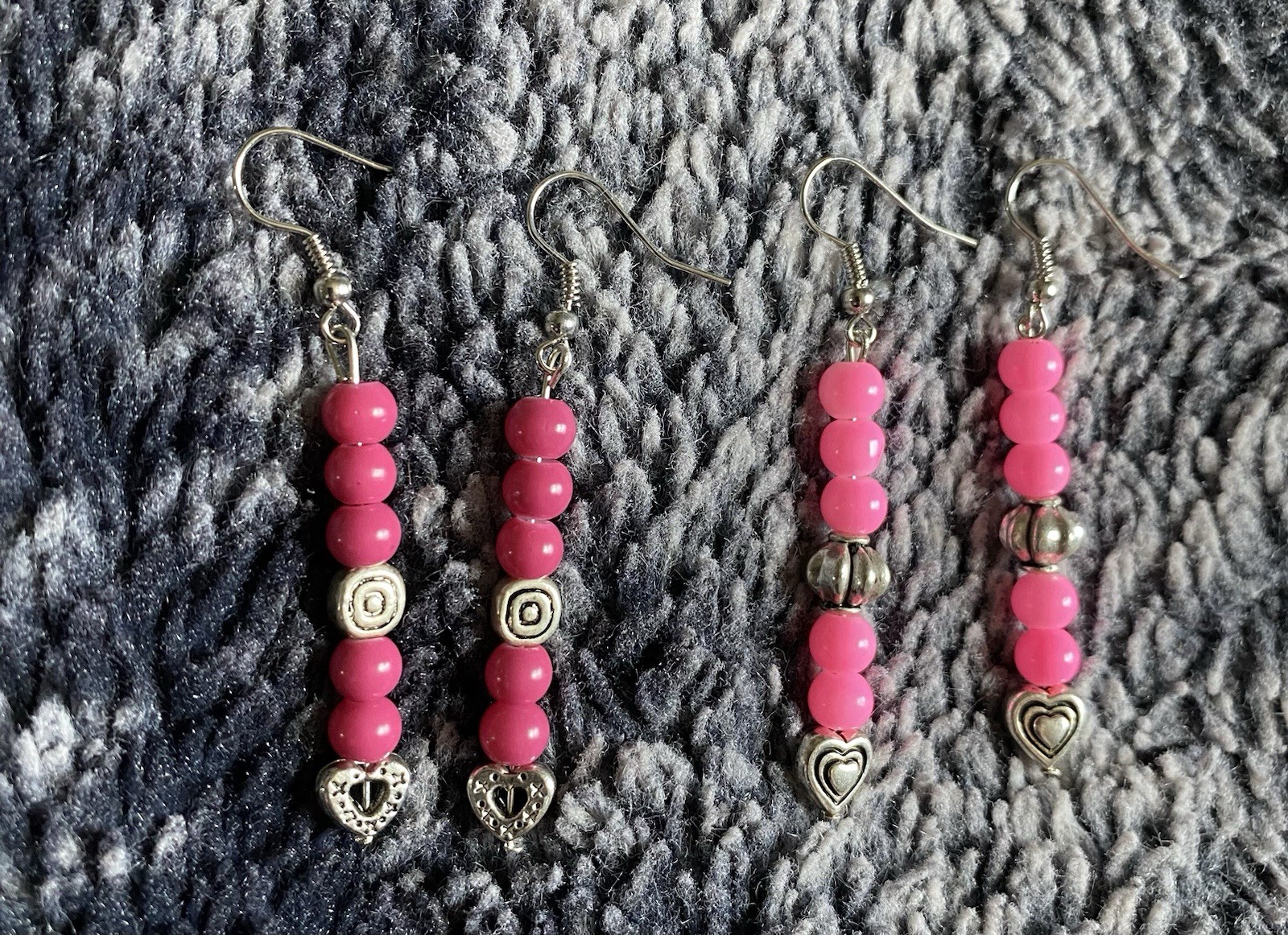 Handmade Pink & Silver Beaded Dangle Drop Earrings Set (2)
