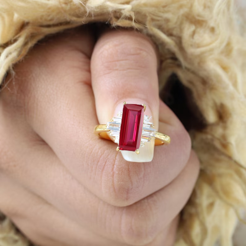 2.80 Ct Baguette Cut Simulated Ruby 14k Yellow Gold Plated Fancy Engagement Ring