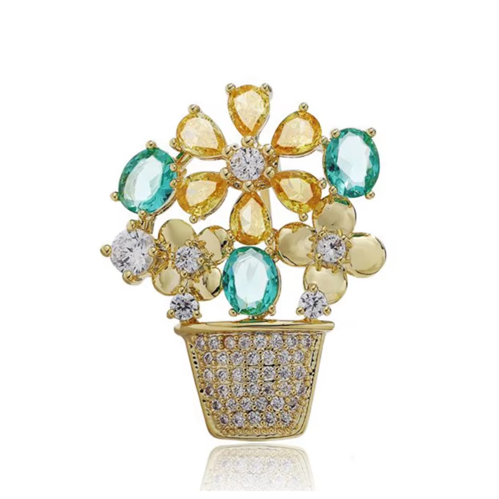 Easter Spring Flower Basket Brooch Sparkling Rhinestone Crystal Pin Jewelry Gift