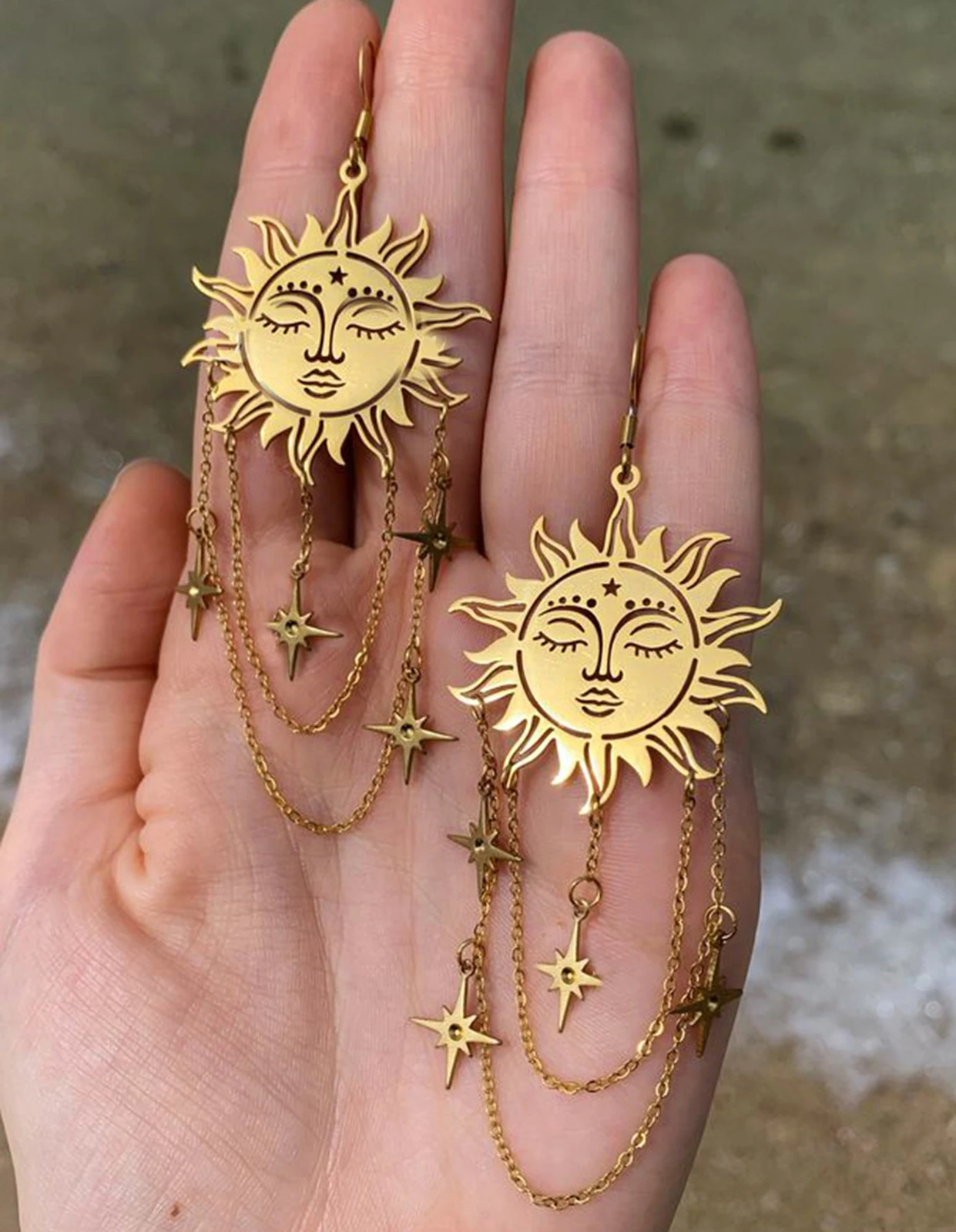Vintage Boho Sun Earrings Dangle Drop Pendant Gold Tone Copper Style 2 Pcs