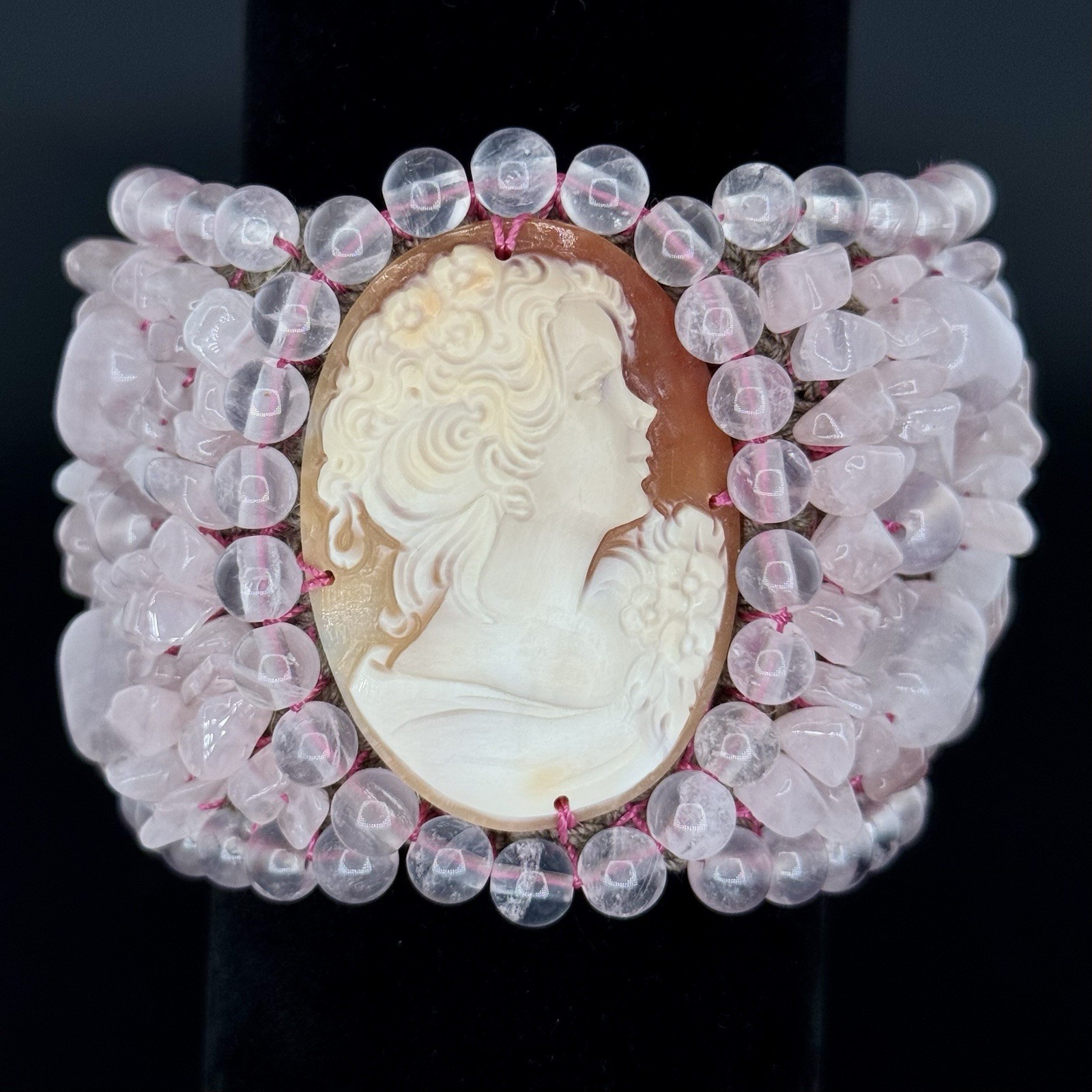 REAL 45mm SHELL CAMEO W/ COUNTLESS ROSE QUARTZ!! NWT- (TAG SAYS $980)