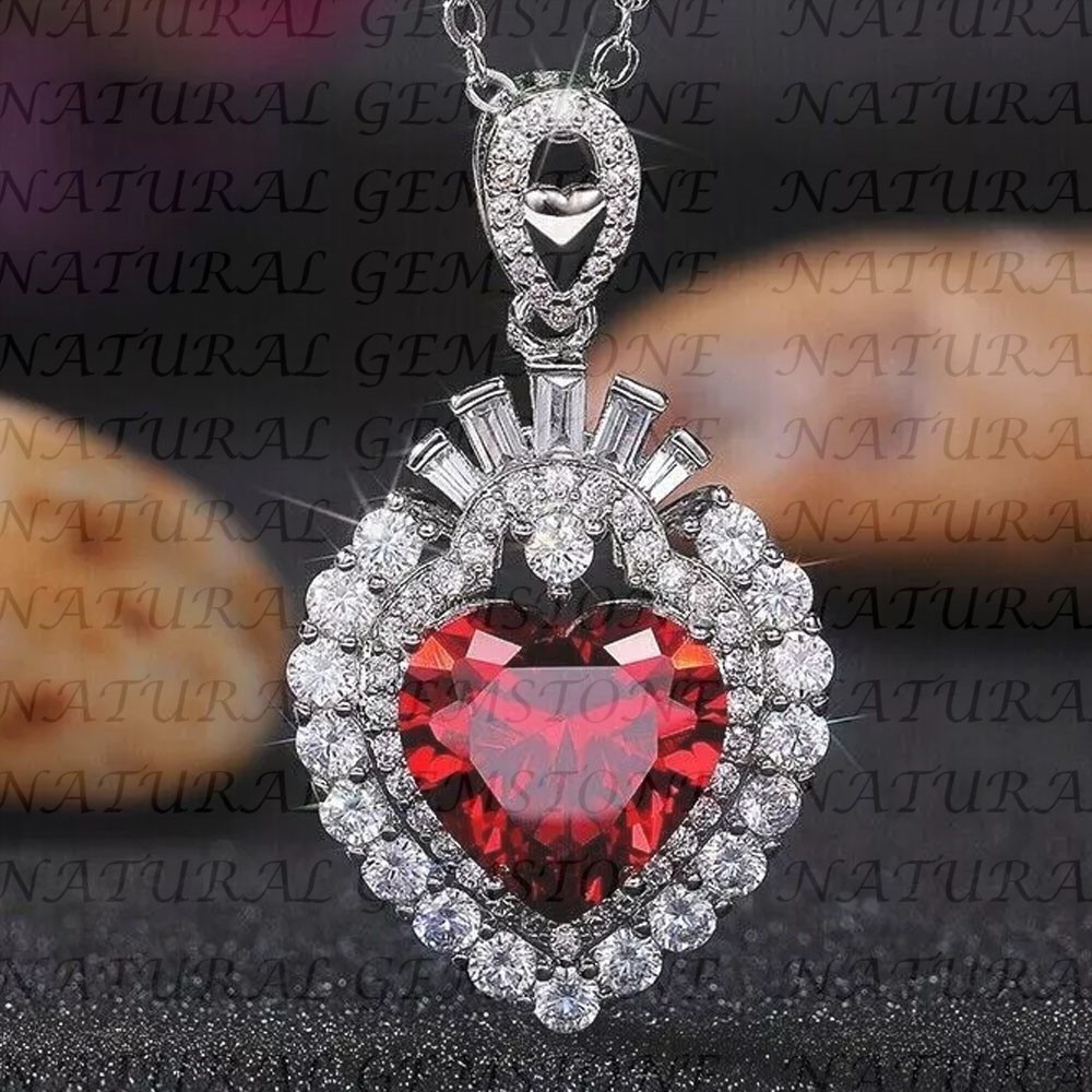 6.80Carat Heart Shape Natural Ruby and Diamond Pendant 18K White Gold Plated