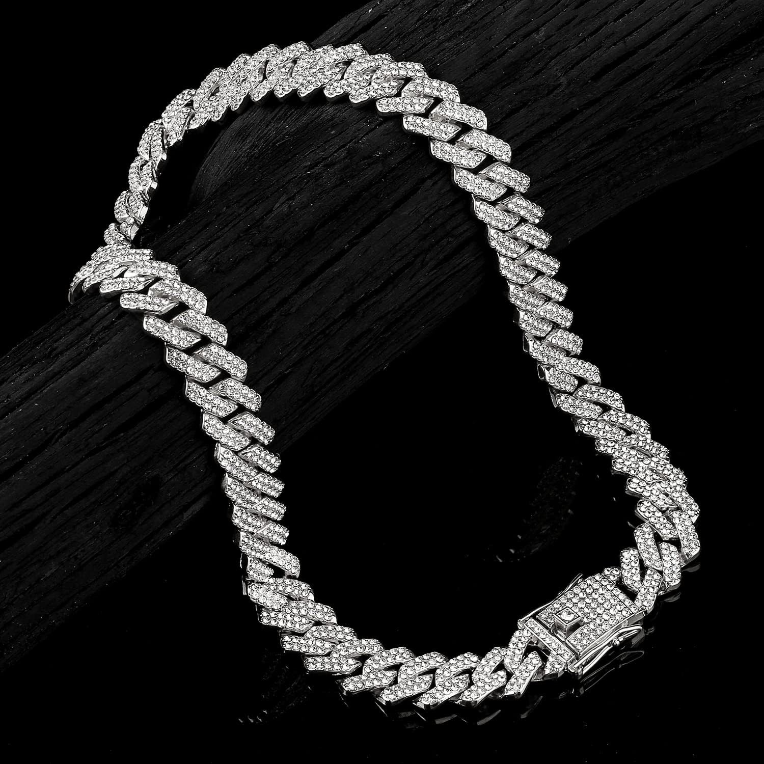 JUNVirtuous Cuban Link Chain Mens Iced Out Miami 18 inch Silver Necklace