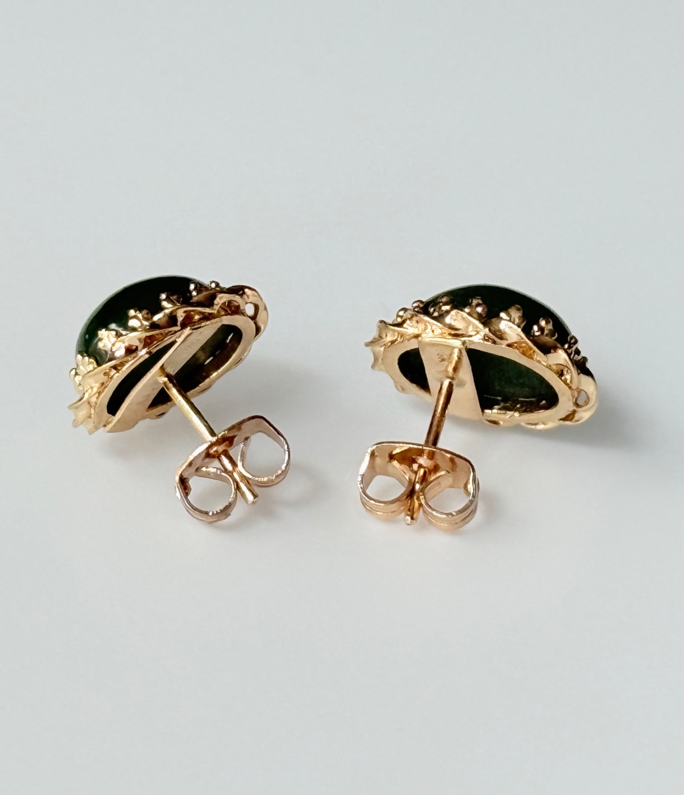 Vtg Stud Green Cabochons Earrings set in 14K Gold Intricate Twisted Prong Set…