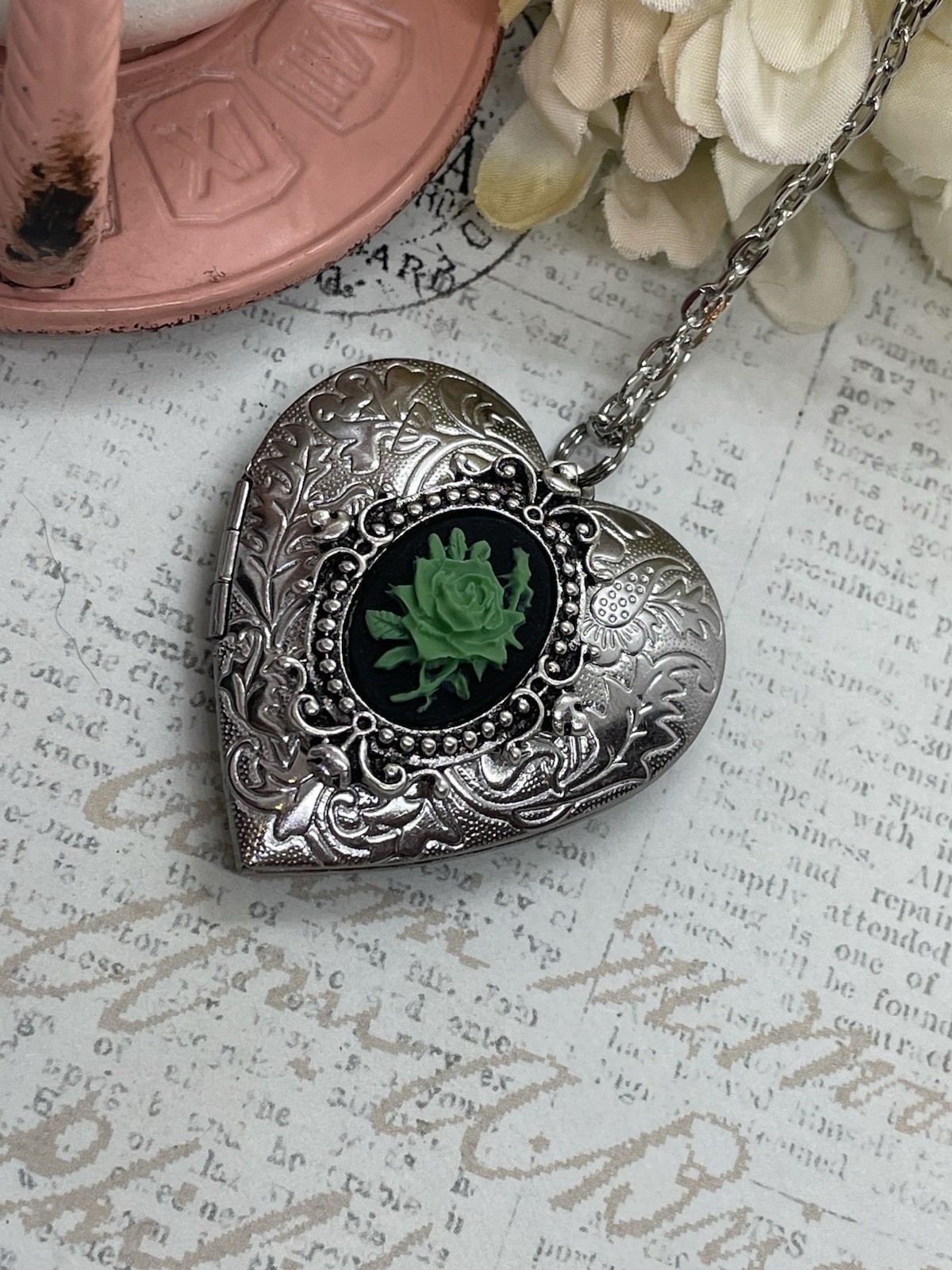 Heart Silver Locket Green Rose Gothic Black Necklace Photo Bride bridal wedding
