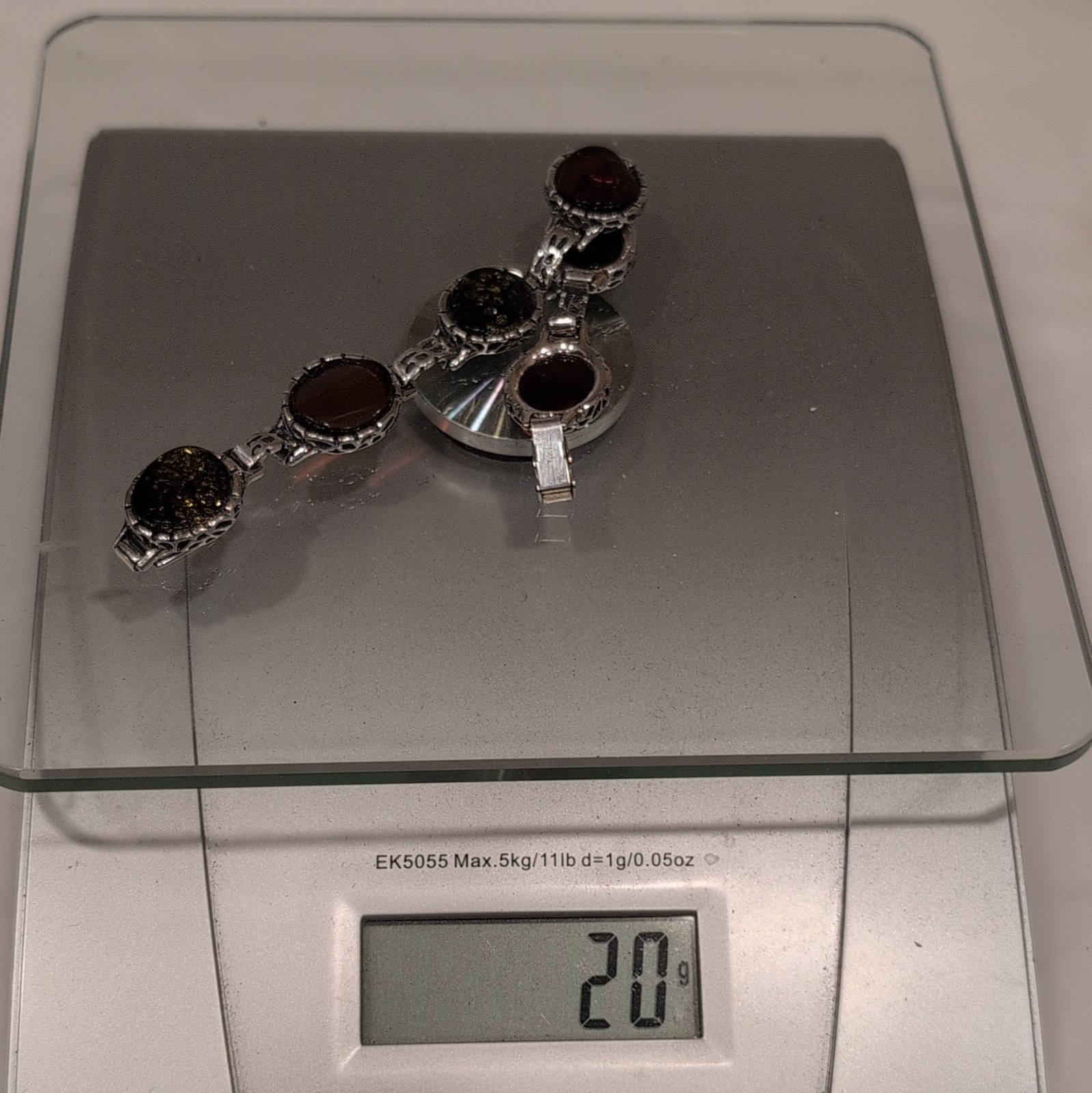 925 Sterling Silver Link Bracelet Oval Cabochon Bezel Red Stones 8 in