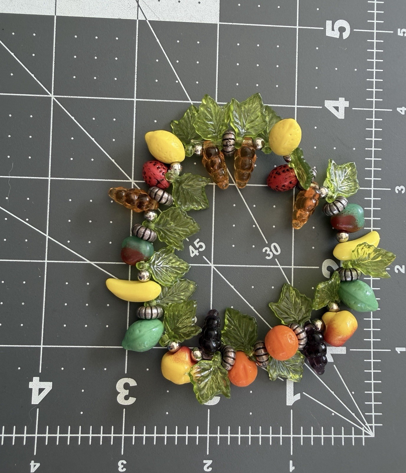 Vintage Plastic Acrylic Resin Fruit Salad Charm Bracelet Colorful Beads Silver