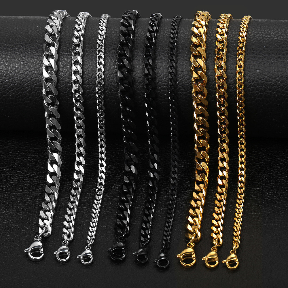 3/5/7/MM Stainless Steel Silver/Black/Gold Plated Cuban Curb Necklace Chain