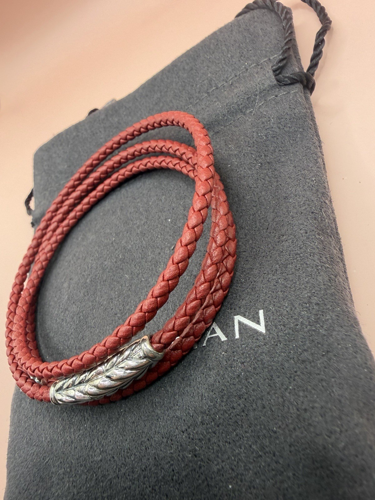 David Yurman Sterling Silver Leather Chevron Triple Red Wrap Bracelet Medium