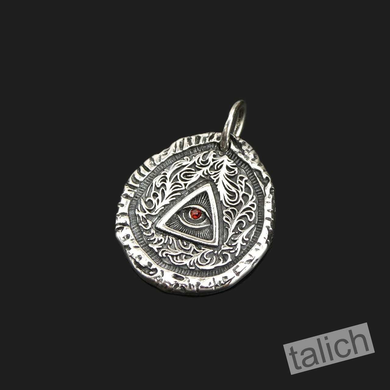 925 Sterling Silver Ornate Scrolls Red CZ All Seeing Eye Charm Amulet Pendant