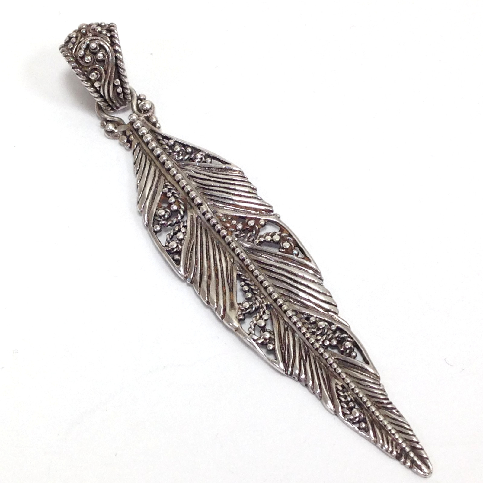 Sarda Artisan of Bali Sterling Silver Ornate Feather Pendant 3-1/4″ Long 7.9g