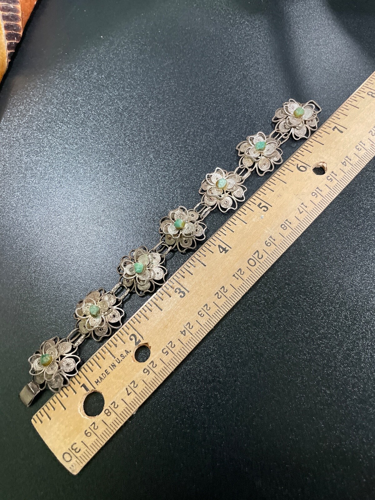 Bracelet From Peru Detailed Sterling Silver & Unpolished Emerald 7″