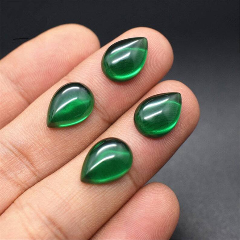 AAA Green Emerald Pear Flat Back Cabochon Synthetic Loose Gemstone Calibrated