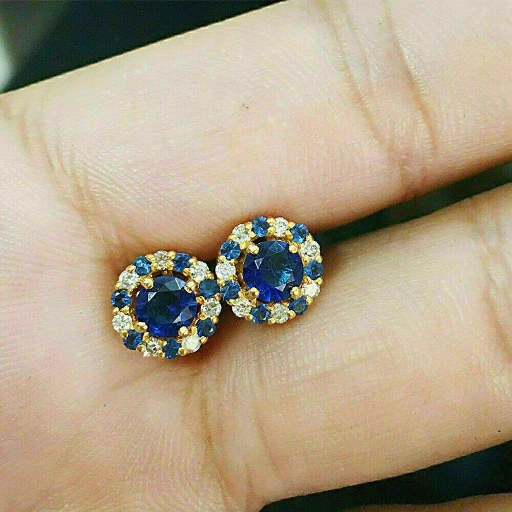 1.50Ct Lab Created Sapphire & Diamond Halo Stud Earrings 14k Yellow Gold Over