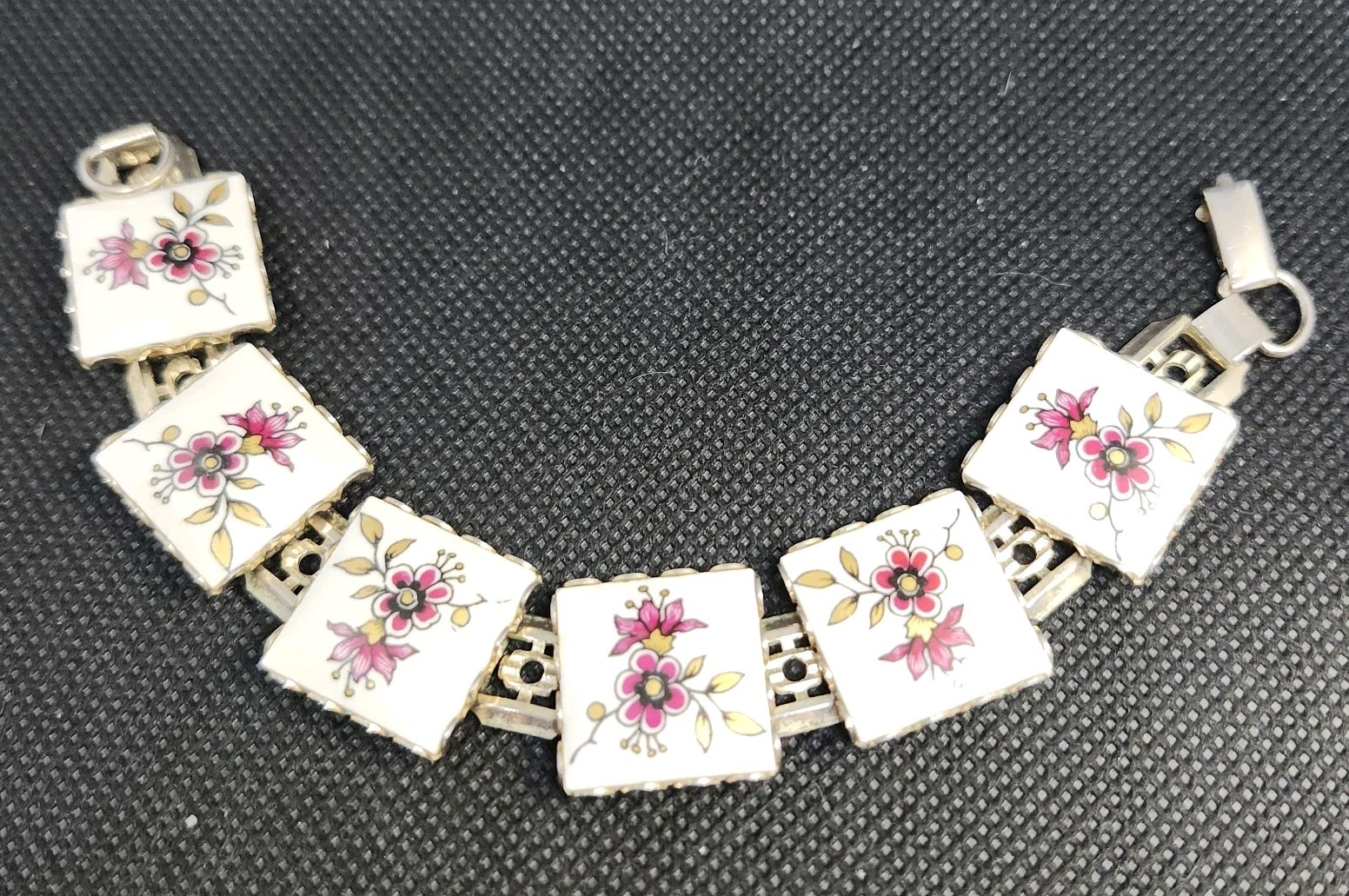 Vintage Floral Ceramic Tile Link Bracelet Size 7 1/2
