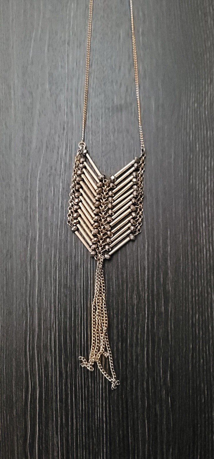Silver Tone Metal Chevron Chain Charm Pendant Necklace Asymmetrical No Stone