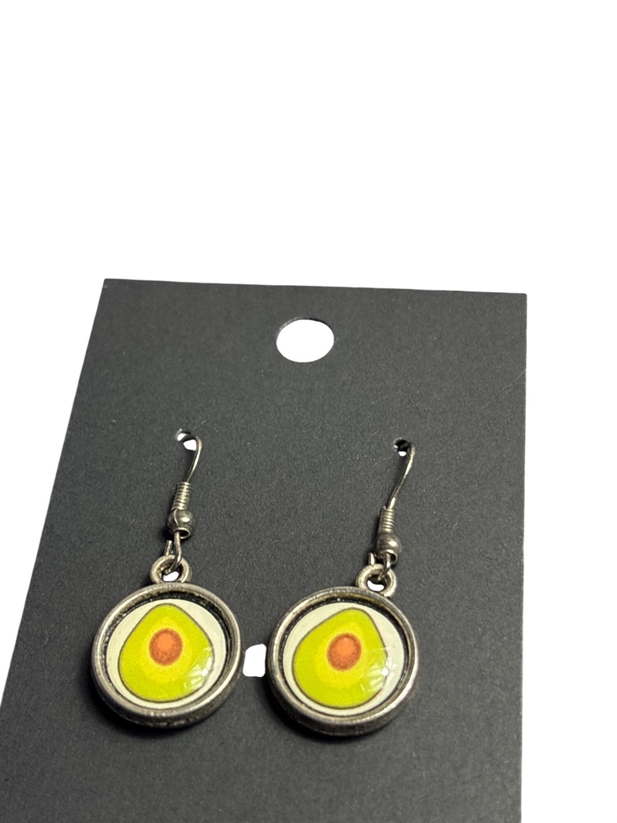 Novelty Dangle Avocado Earrings Green Brown White Silvertone Circles 0.75 inch