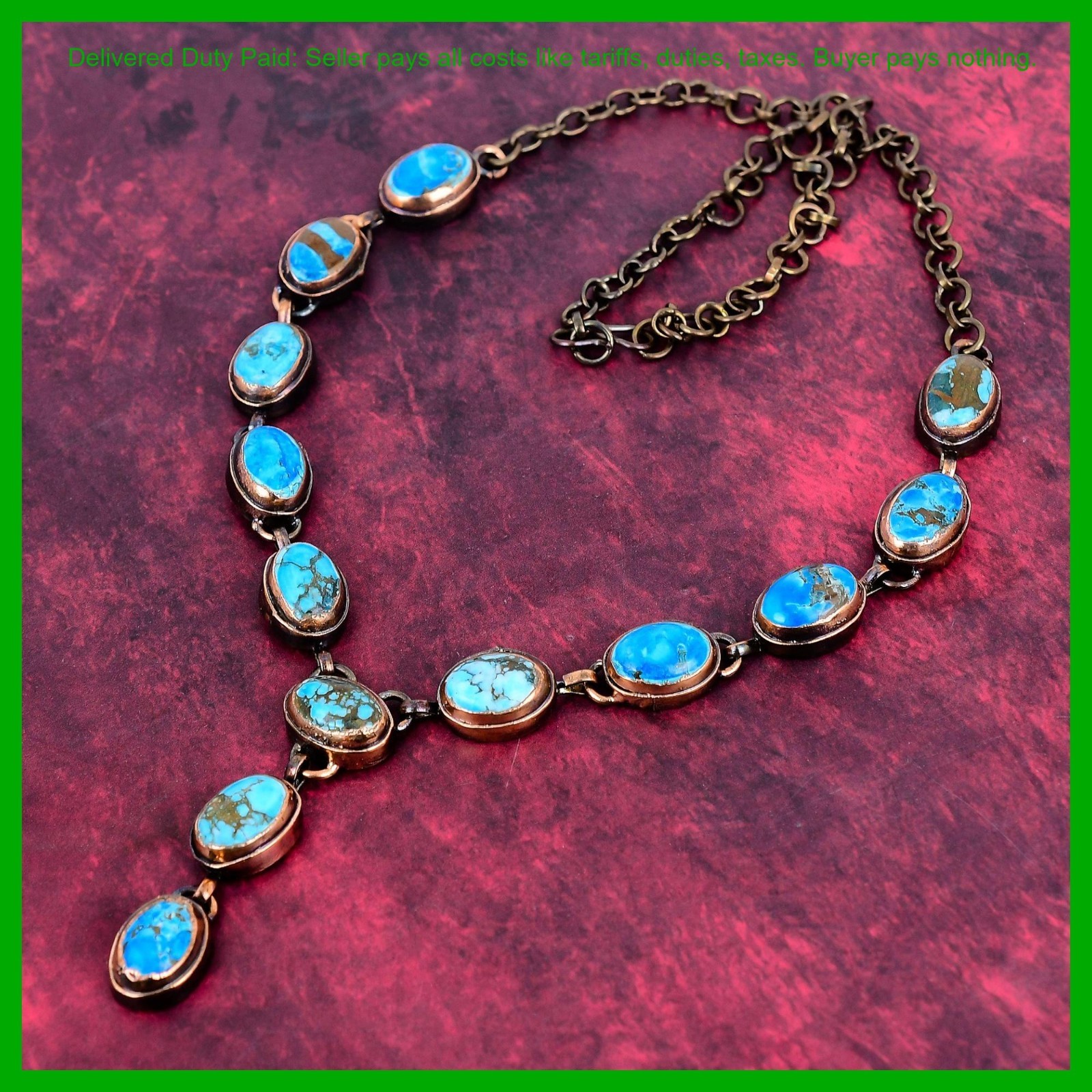 Copper Tibetan Turquoise Gemstone New Electroformed Bezel Chain Necklace Jewelry