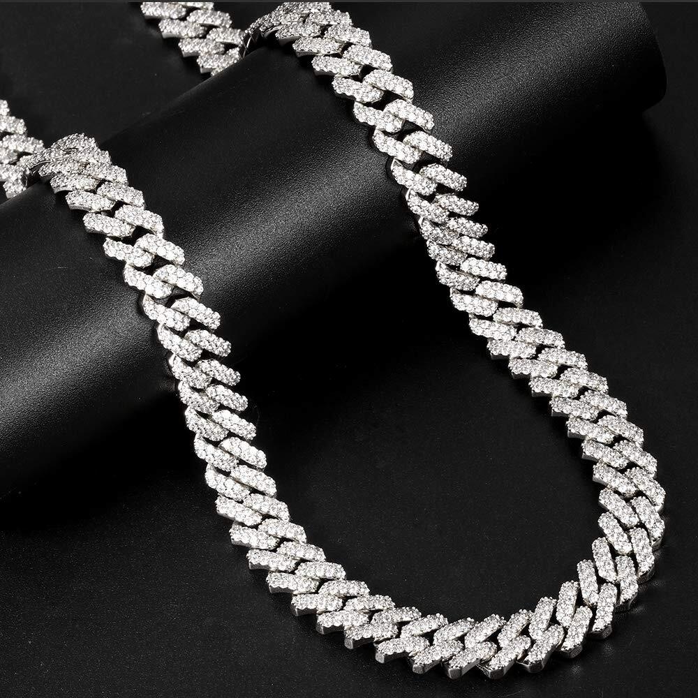 White Gold Plated Iced CZ Out Stainless Steel Miami Cuban Link Bracelet Or Chain